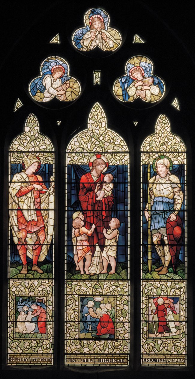 Wilden, All Saints, East Window, Morris & Co., Edward Burne-Jones, John Henry Dearle (1859-1932), St Martin, Christ Blessing The Children, St George, 1902-1914, Louisa, Alfred, The Baldwins, Prime Min od Edward Coley and Dearle Burne Jones