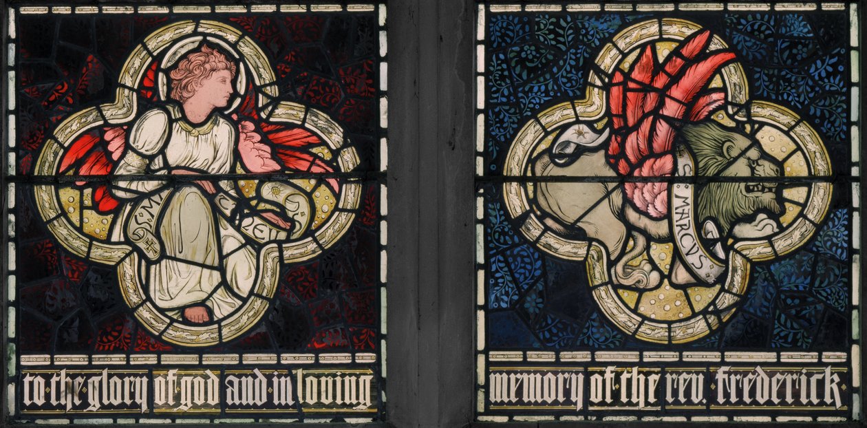 Birmingham, Acocks Green, St Mary The Virgin, Morris & Co., Edward Burne-Jones, John Henry Dearle (1859-1932), Symboly evangelistů, St Matthew & St Mark, 1895 od Edward Coley and Dearle Burne-Jones