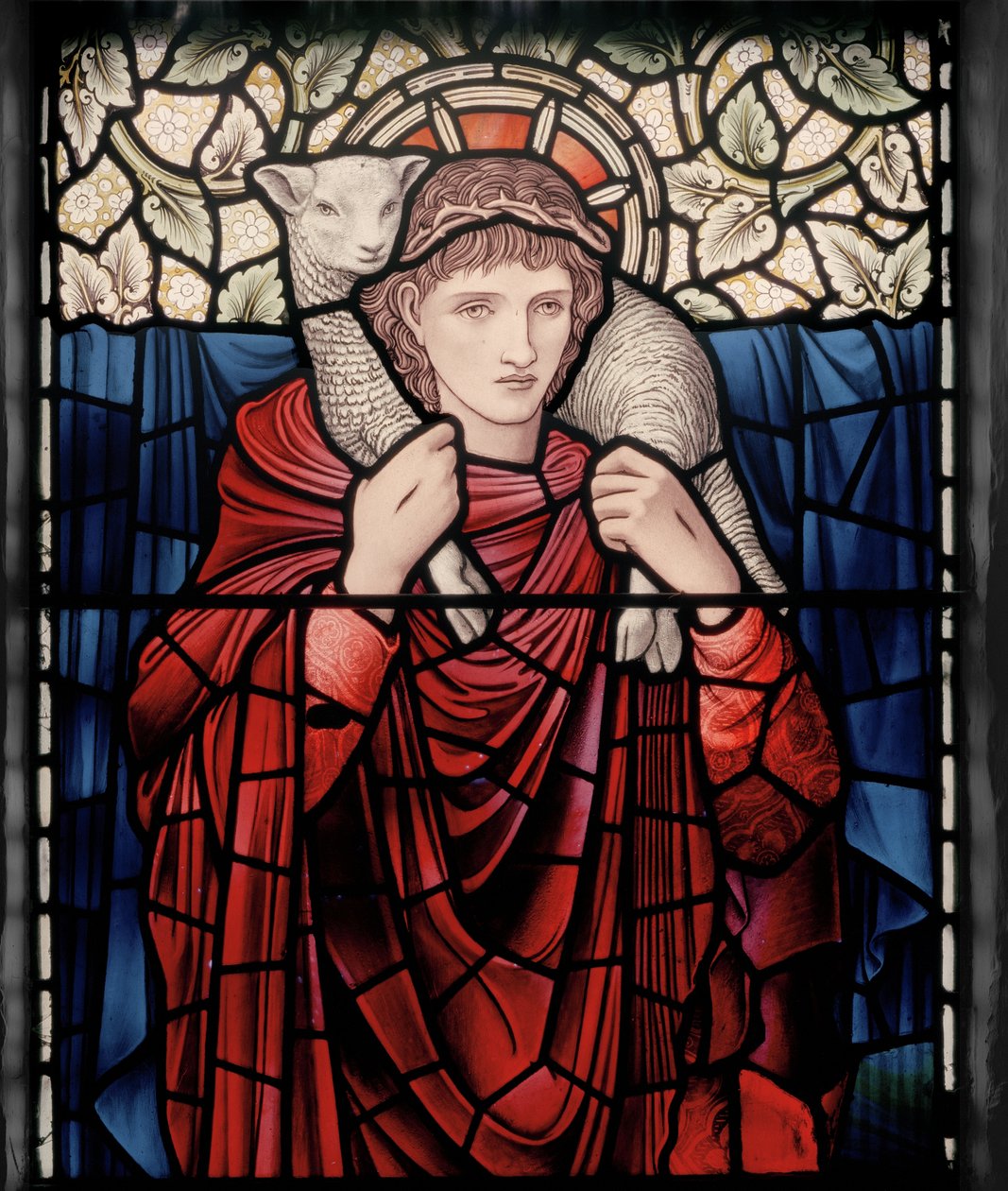 Birmingham, Ward End, St Margaret, Morris & Co., Edward Burne-Jones, John Henry Dearle (1859-1932), The Good Shepherd, detail, 1902, Brampton Cumbria, Titcomb, Wren od Edward Coley and Dearle Burne-Jones