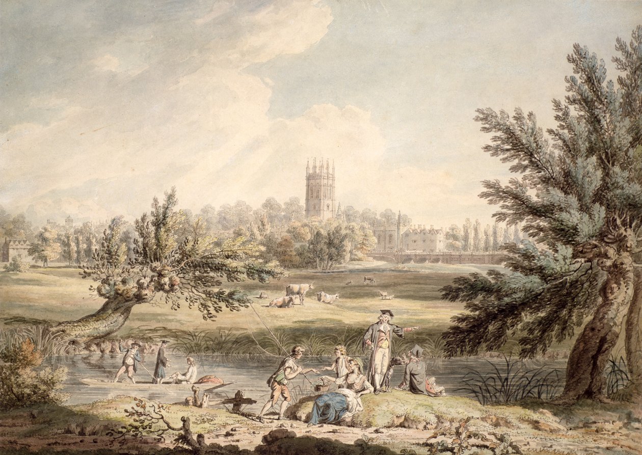 Magdalen College, Oxford, Pohled od Cherwellu na severozápad, 1791-92 (čb a tuš na papíře) od Edward Dayes