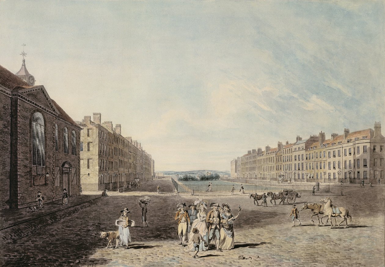 Queen Square, Londýn, 1786 (wc a pero a inkoust přes grafit na tkaném papíře) od Edward Dayes