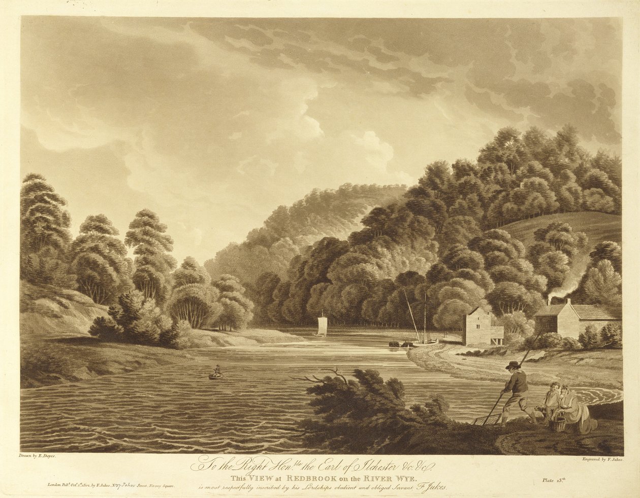 Pohled na Redbrook v řece Wye, deska 13 z „Views of the River Wye“, vyryto F. Jukesem, 1802 (akvatinta) od Edward Dayes