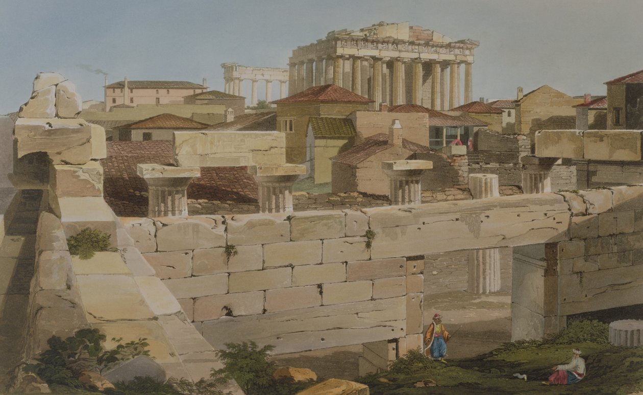 Pohled na Parthenon z Propylaje, deska 7 z části 2 „Pohledy v Řecku“, vyryl J. Bailey, 1819 (akvatinta) od Edward Dodwell