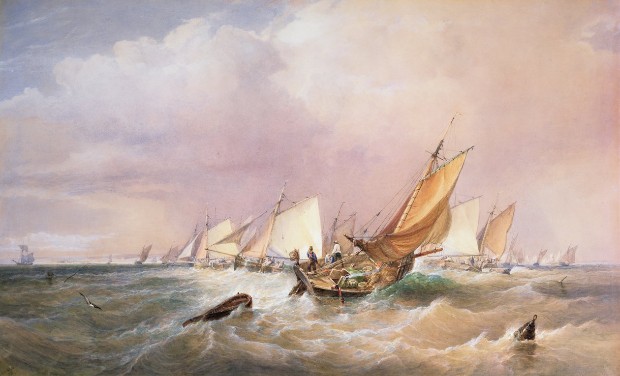 U francouzského pobřeží, 1837 (tužka, wc a tělová barva na papíře) od Edward Duncan