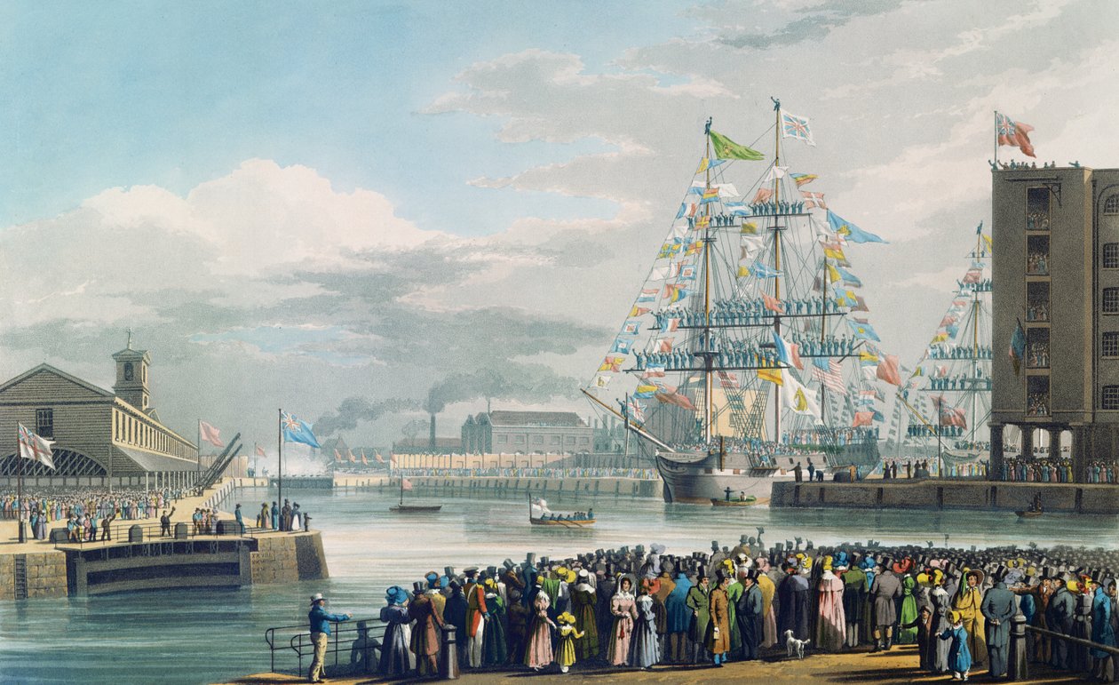 Otevření přístavu St. Katharine Docks, sobota 25. října 1828 (barevná rytina) od Edward Duncan