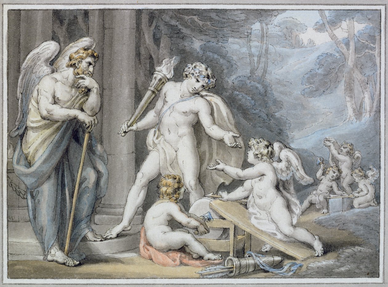 Apollo ve Vulcanově kovárně (pero a inkoust s mytím na papíře) od Edward Francis Burney