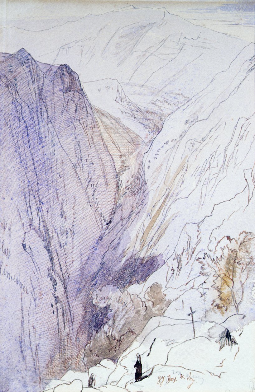 Athos s mnichy v popředí, 1856 (pero a wc) od Edward Lear