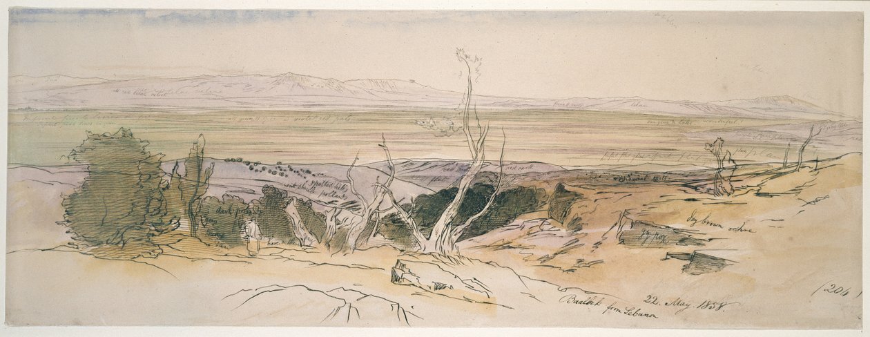 Baalbek z Libanonu, 1858 (akvarel a pero a černý inkoust s grafitovými znaky) od Edward Lear