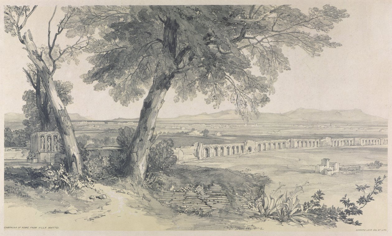 Campagna of Rome z Villa Mattei, z Views in Rome and its Environs, 1841, (litho na těžkém tkaném papíře) od Edward Lear