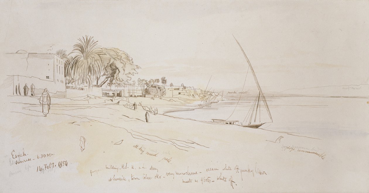Esneh, Egypt, 1854 (pero a hnědý inkoust s akvarelem přes grafit na špinavě bílém papíře) od Edward Lear