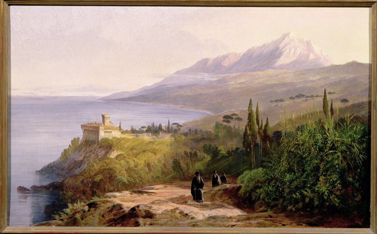 Hora Athos a klášter Stavroniketes, 1857 od Edward Lear