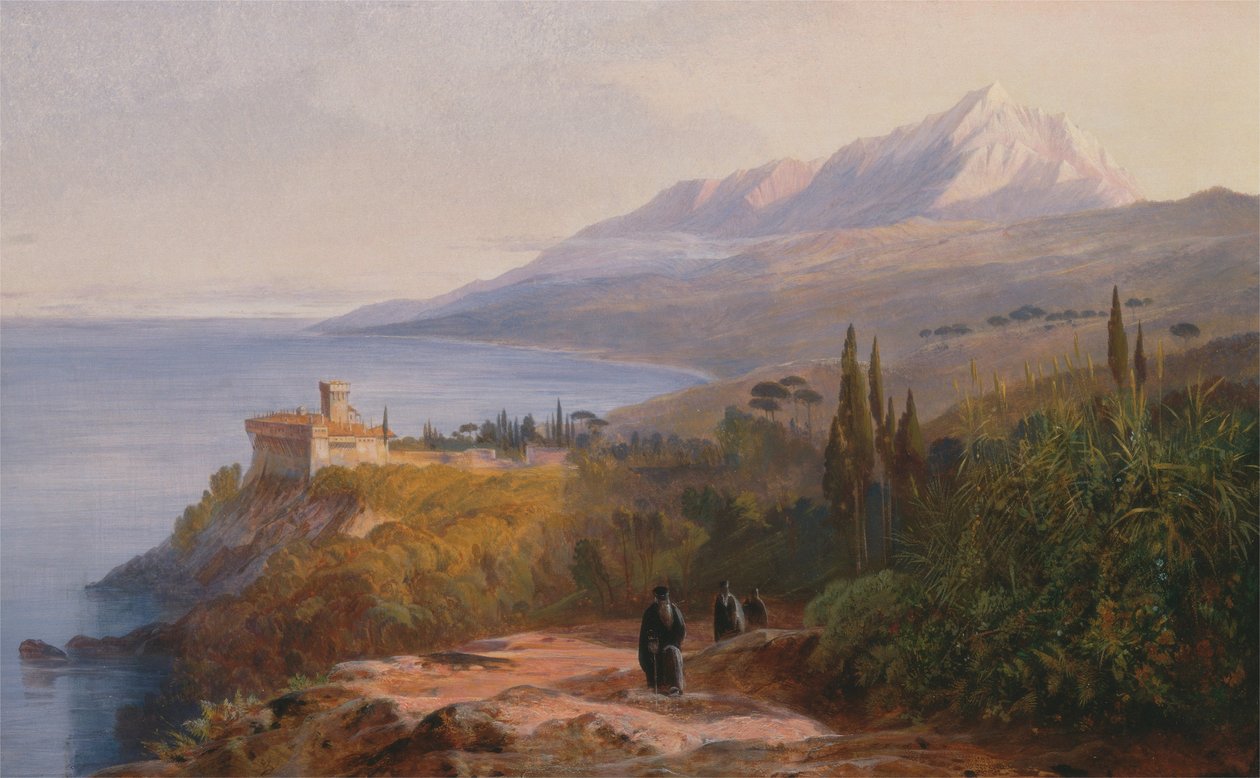 Hora Athos a klášter Stavronikétes od Edward Lear