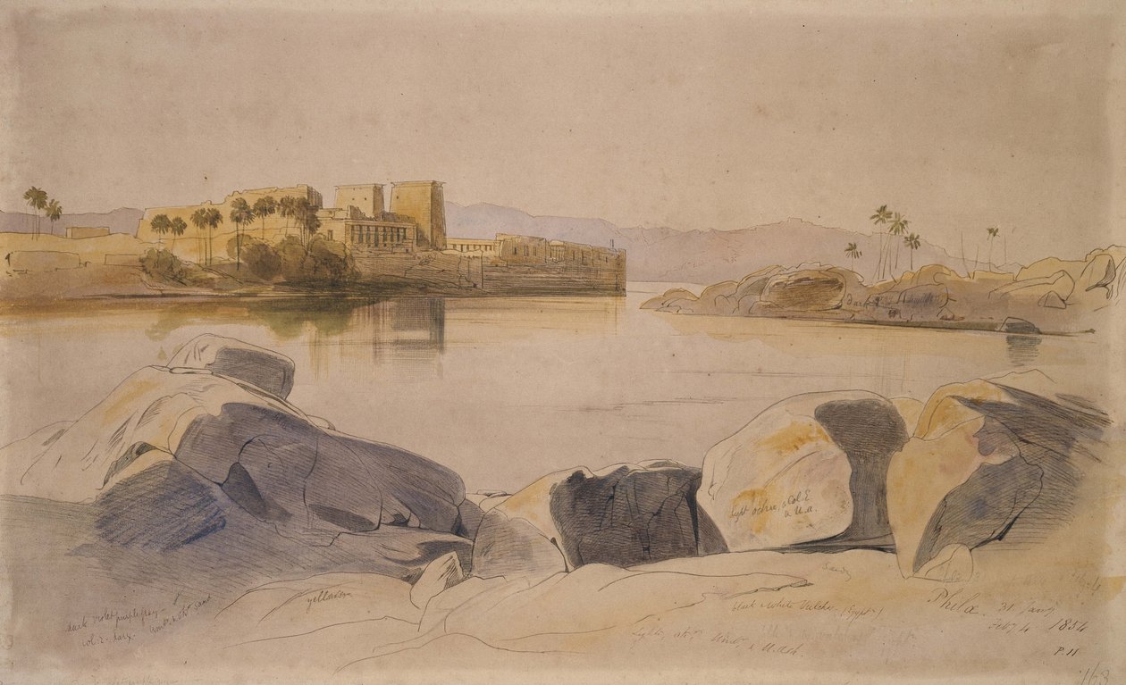Philae, Egypt, 1854 (pero a černý inkoust, grafit a akvarel na hnědém papíře) od Edward Lear