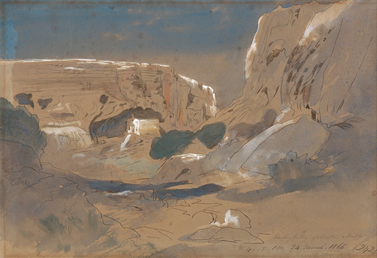 Skalnaté údolí Mosta, Malta od Edward Lear