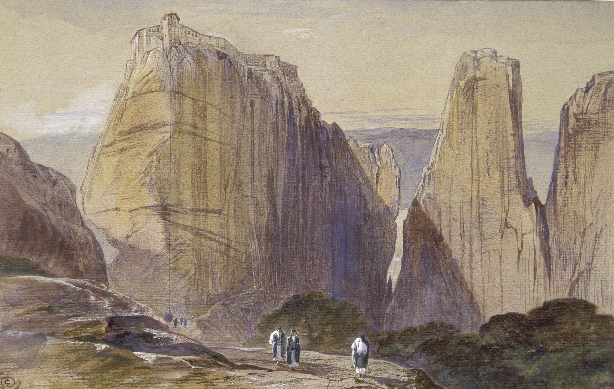 Klášter Meteora (akvarel a tělová barva na šedomodrém položeném papíře) od Edward Lear