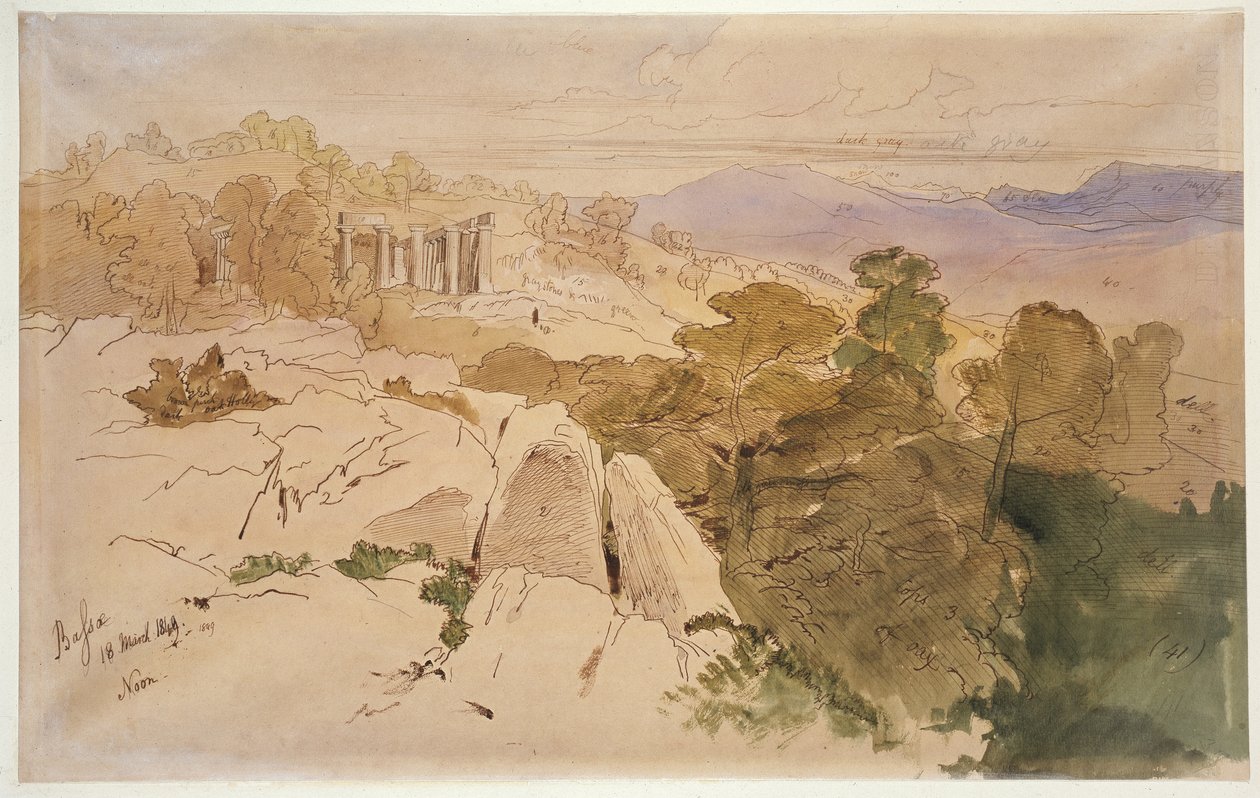Apollónův chrám v Bassae, Řecko, 1849 (pero a hnědý inkoust s akvarelem a olejovou barvou na hnědém papíře) od Edward Lear