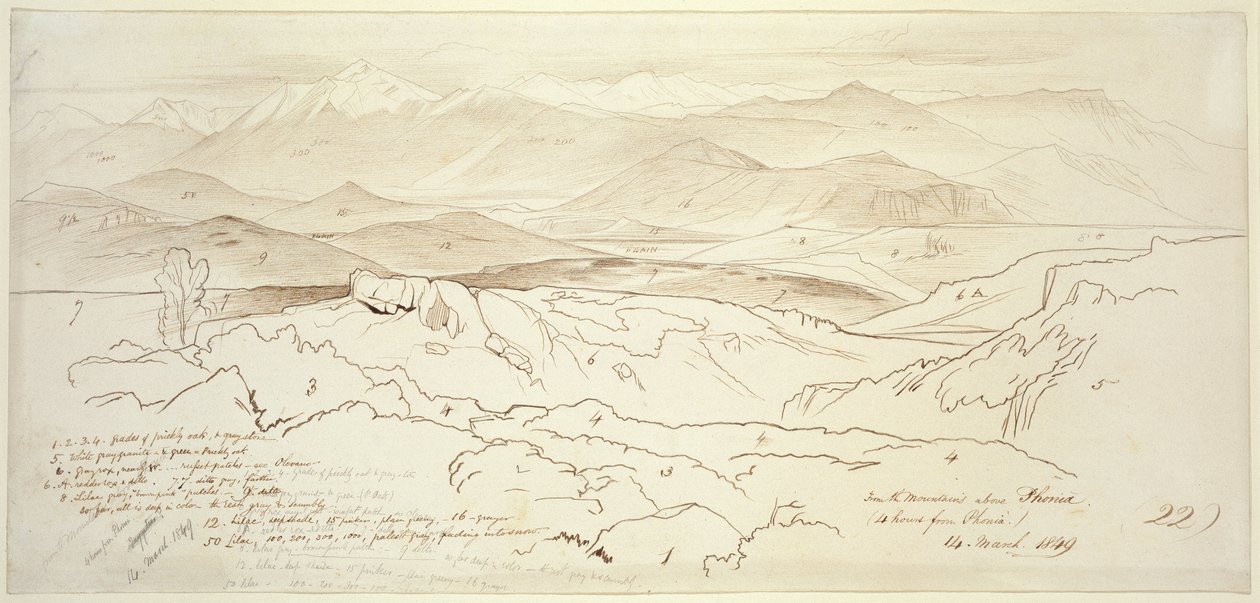 Pohled z hor nad Phonií, 1849 (pero a hnědá tuš s grafitem na smetanovém papíře) od Edward Lear