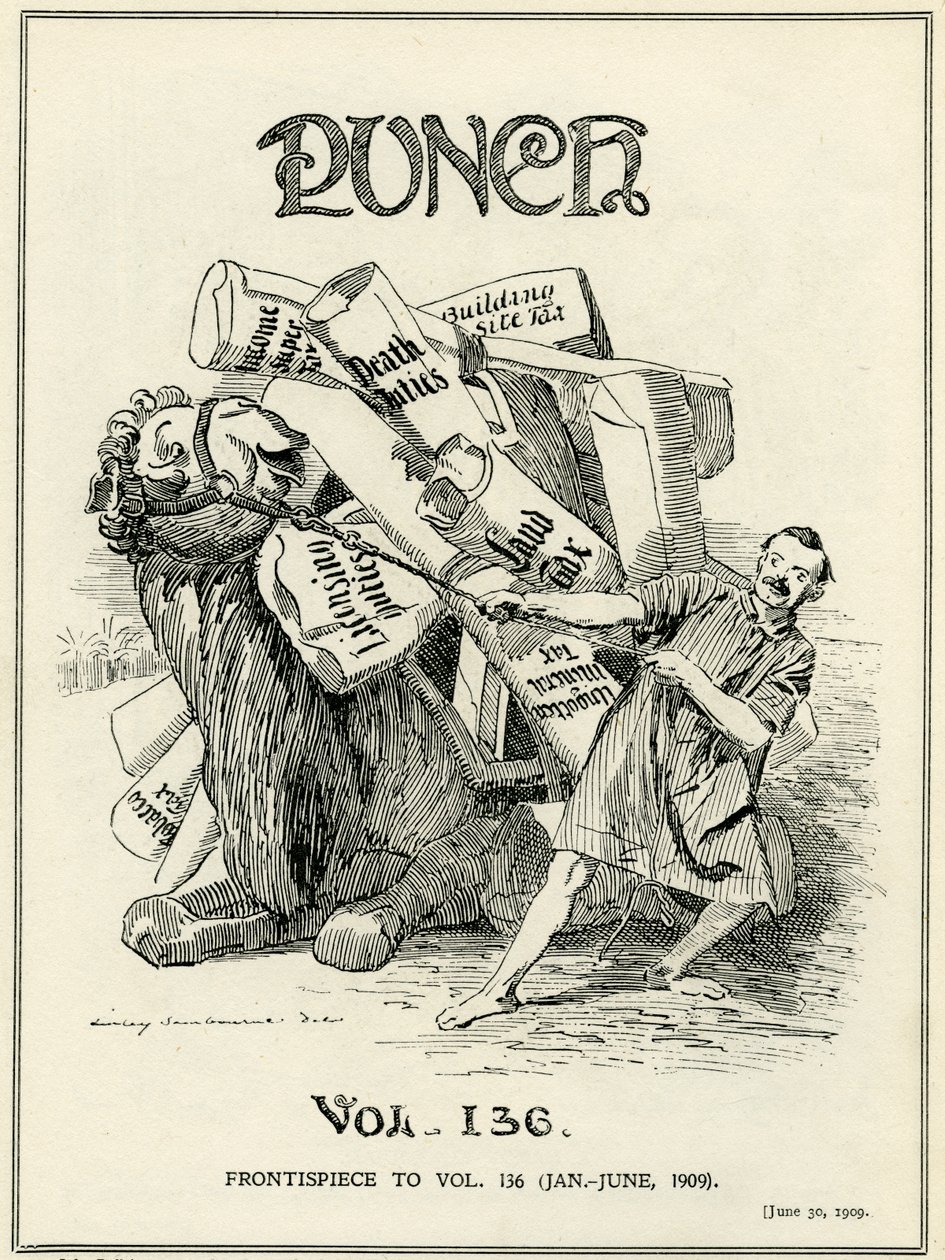 John Bull, vyobrazený jako velbloud, se zdráhá nést nová daňová břemena uvalená Lloydem Georgem v 