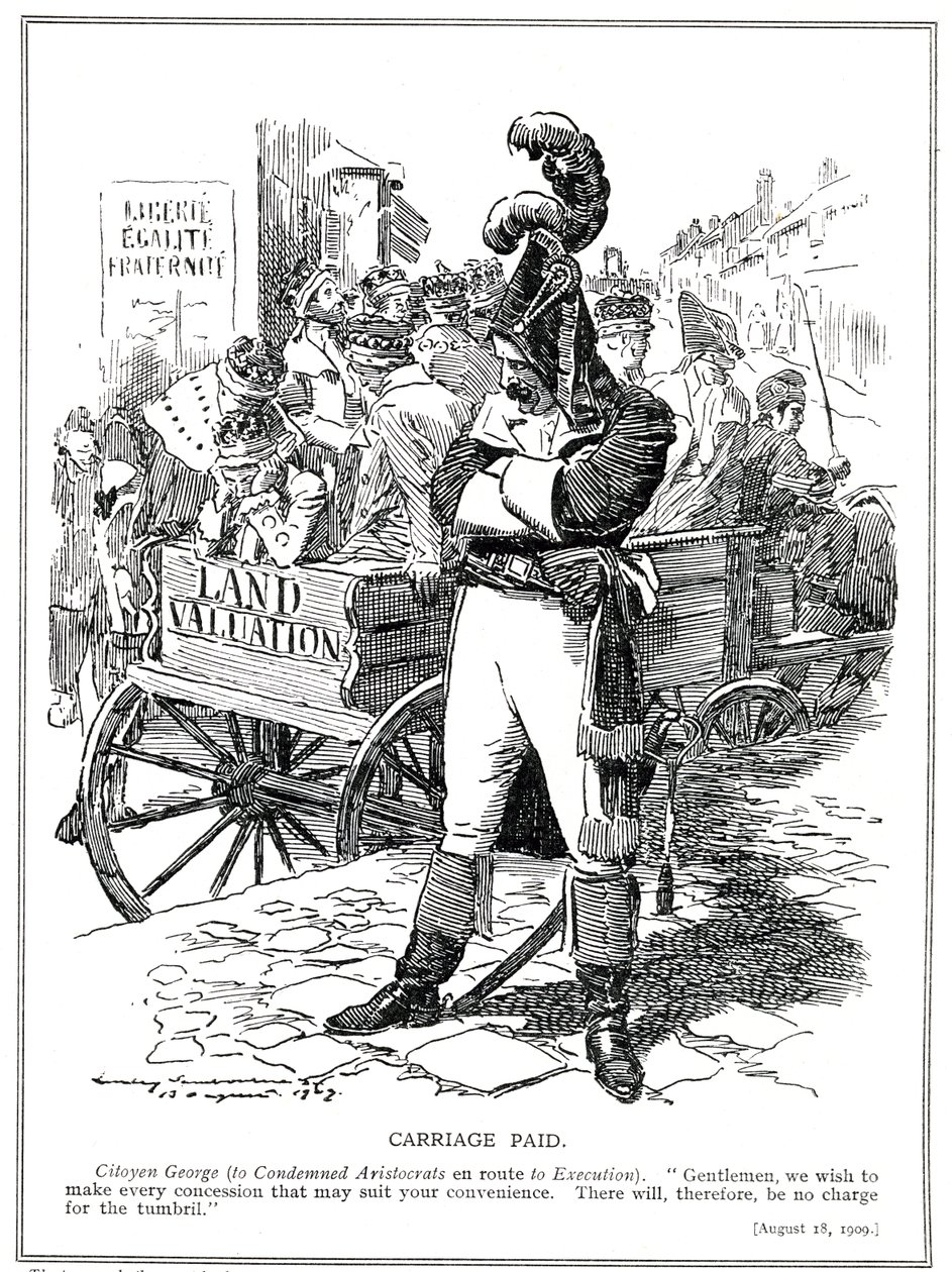 Lloyd George jako „Citoyen George“ ujišťuje aristokraty odsouzené jeho „Lidovým rozpočtem“, aby platili daně ze zisků z prodeje půdy, 1909 od Edward Linley Sambourne