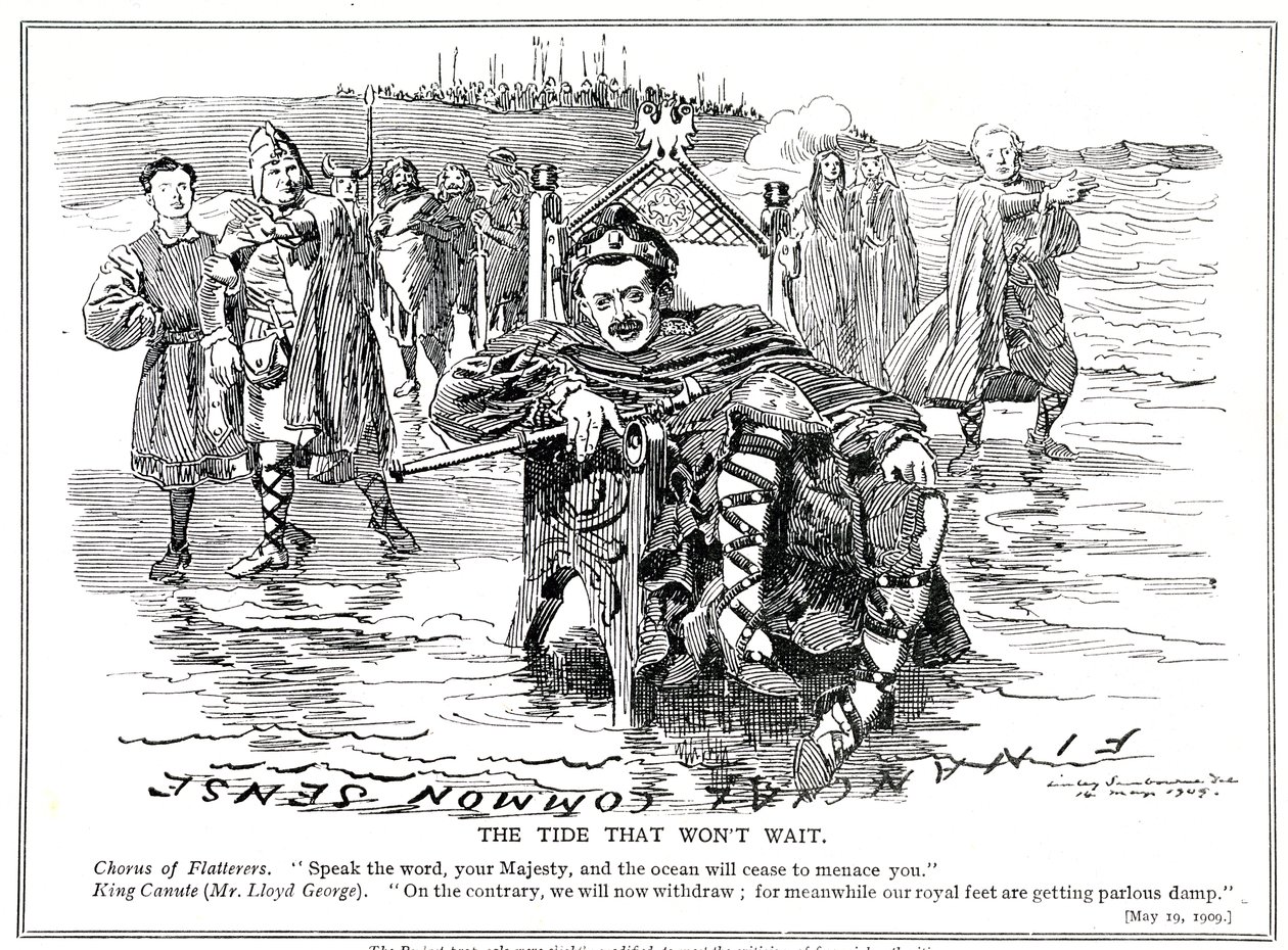 Lloyd George, jako „král Canute“, se po kritice ze strany finančních úřadů rozhodne upravit své návrhy rozpočtu, 1909 od Edward Linley Sambourne