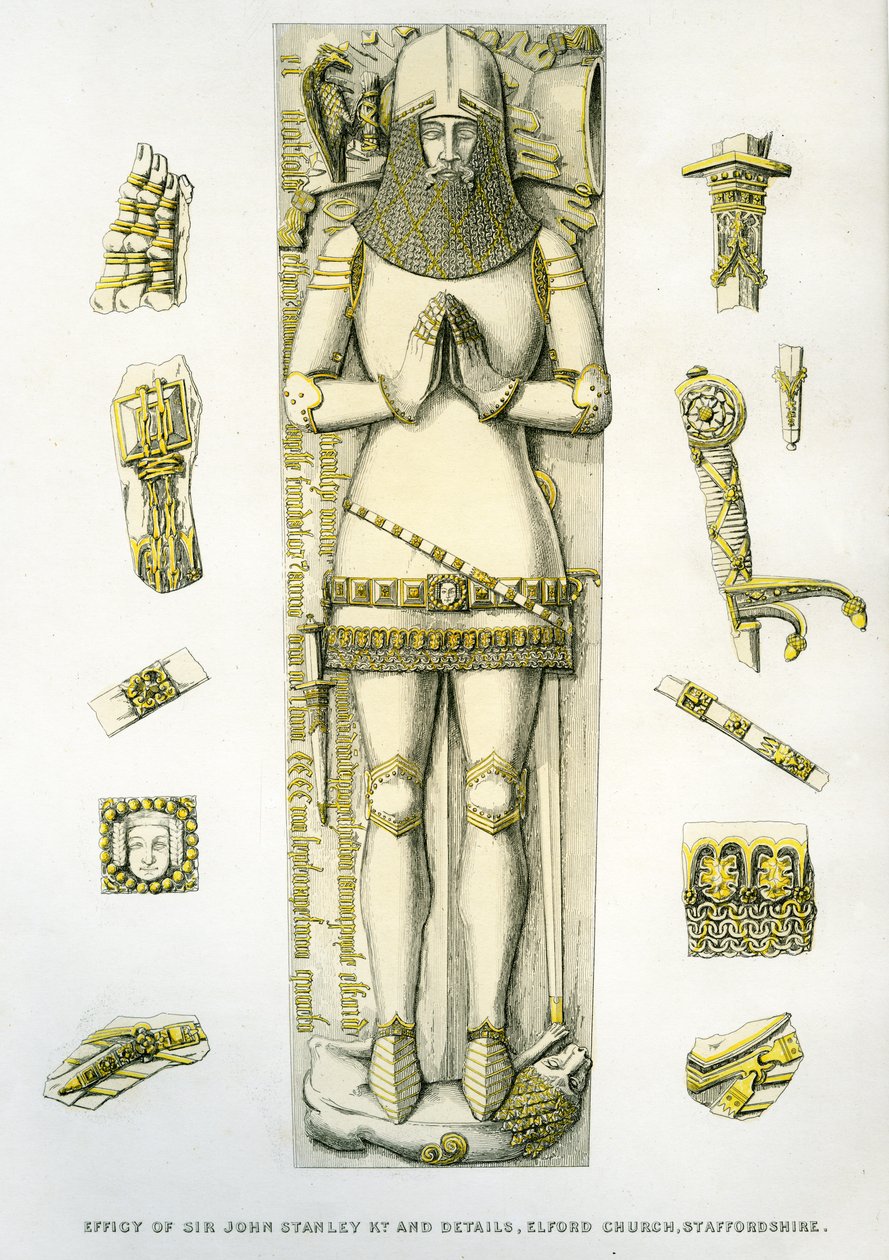 Podobizna a detaily zbroje hrobky sira Johna Stanleyho, kostel sv. Petra, Elford, Staffordshire, Anglie, 1848-9 (ručně kolorovaná rytina) od Edward M. Richardson