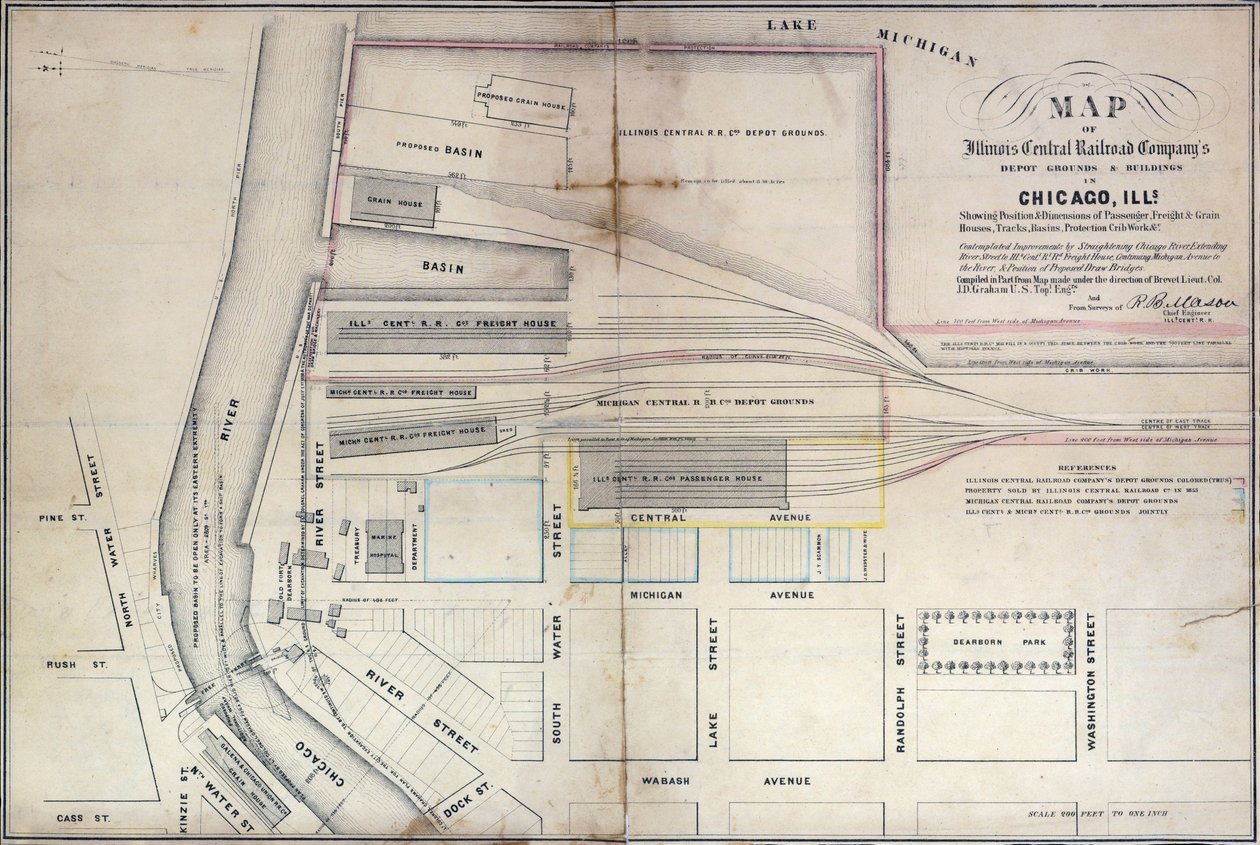 Mapa areálu a budov Illinois Central Railroad Companys v Chicagu, 1855 od Edward Mendel
