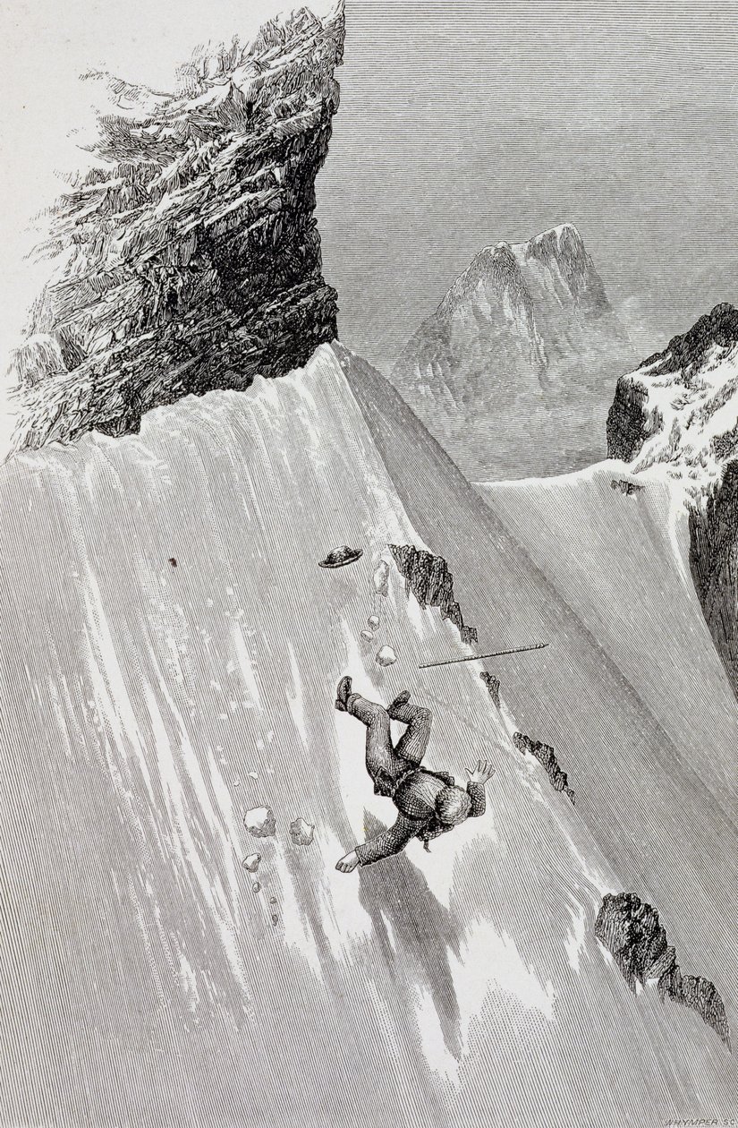 "Při pokusu o překonání zatáčky jsem uklouzl a spadl" z knihy "The Ascent of the Matterhorn" od Edwarda Whympera, vydané v 60.-80. letech 19. století. od Edward Whymper