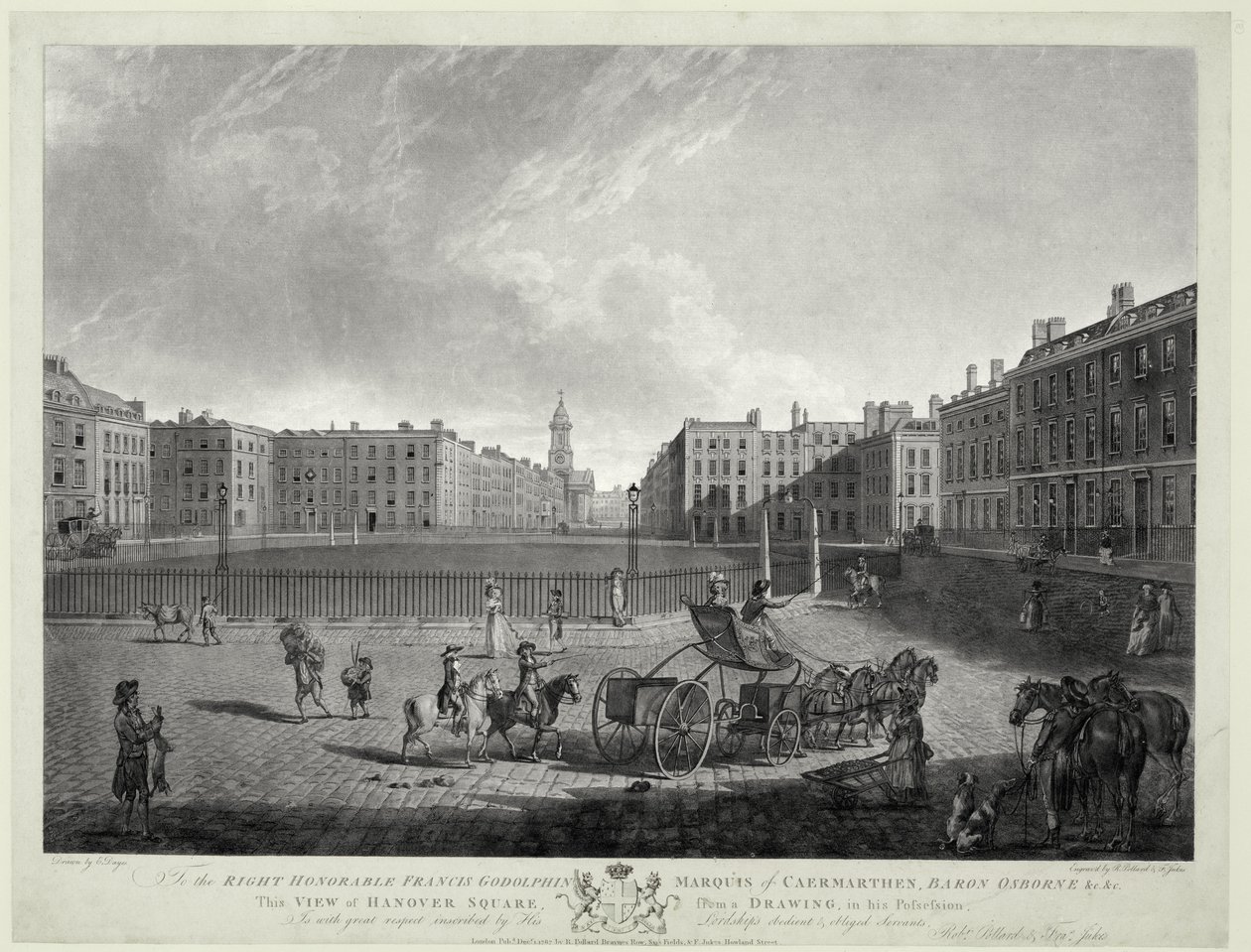 Pohled na Hanover Square, vyrytý Robert Pollard (1755-1838) a Francis Jukes (1747-1812) 1787 (lept a akvatinta) od Edward (after) Dayes