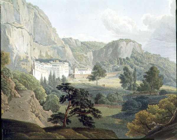 Klášter Megaspelia, deska 8 z části 2 „Pohledy v Řecku“, vyryl Robert Havell od Edward (after) Dodwell