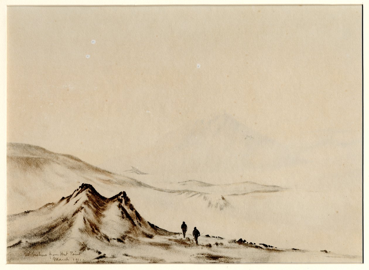 Mount Erebus z Hut Point, 1901-04 (wc na papíře) od Edward Adrian Wilson