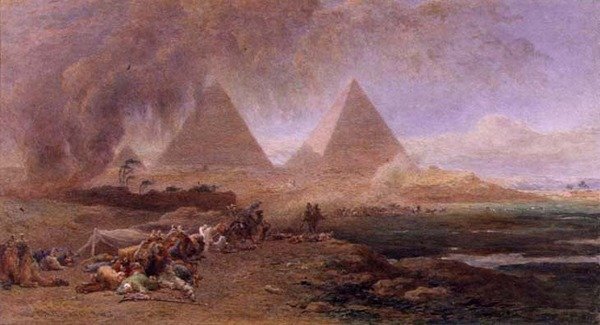 Karavana zachvácená písečnou bouří, Egypt (akvarel a kvaš na papíře) od Edward Angelo Goodall