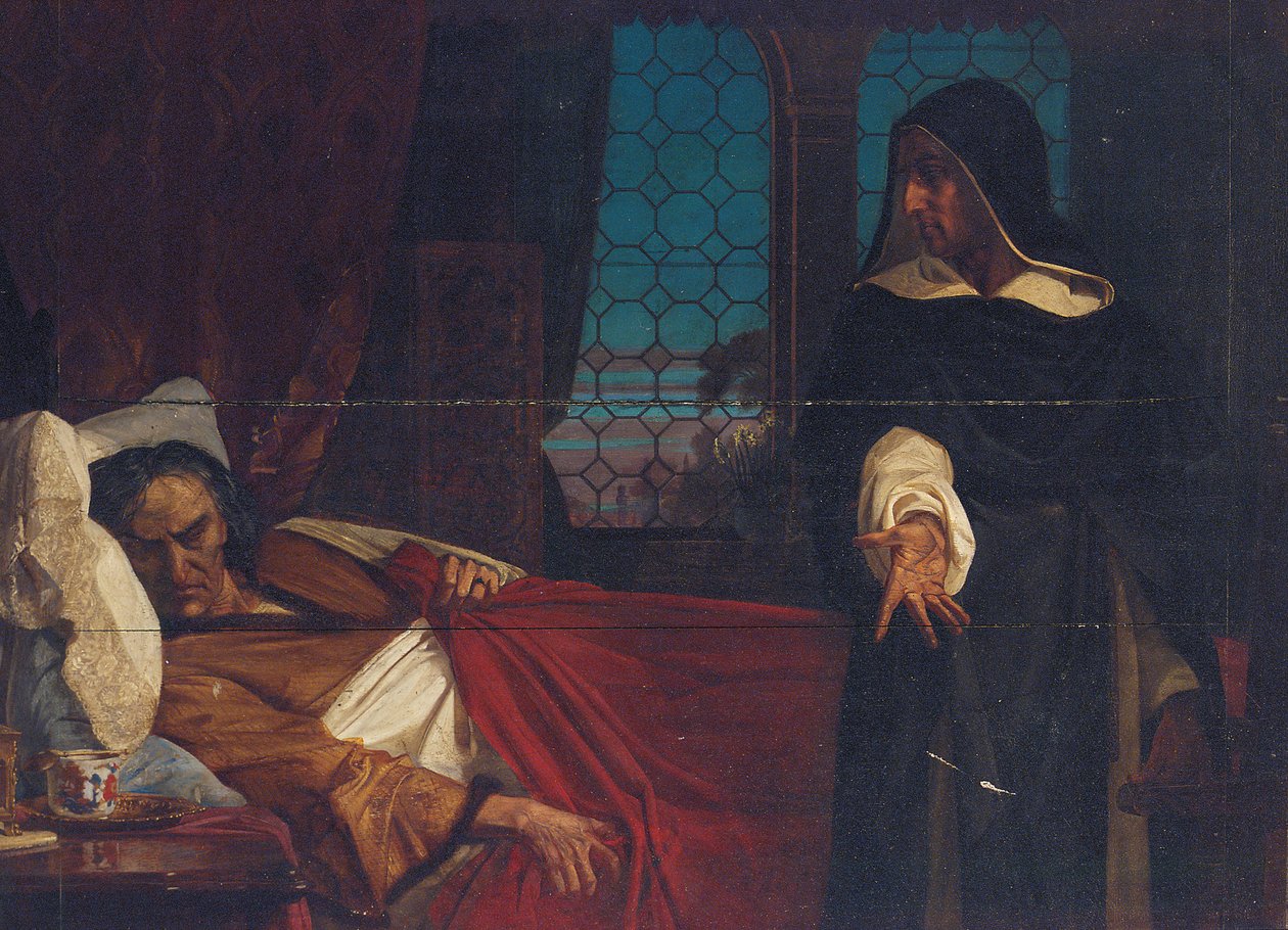 Zahalená postava před postelí ztrápeného muže od Edward Armitage