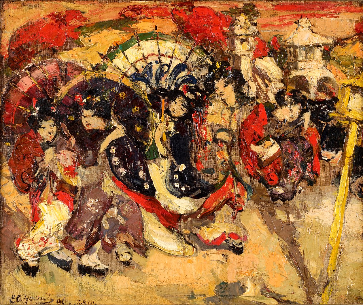 Japonské postavy v zahradě od Edward Atkinson Hornel