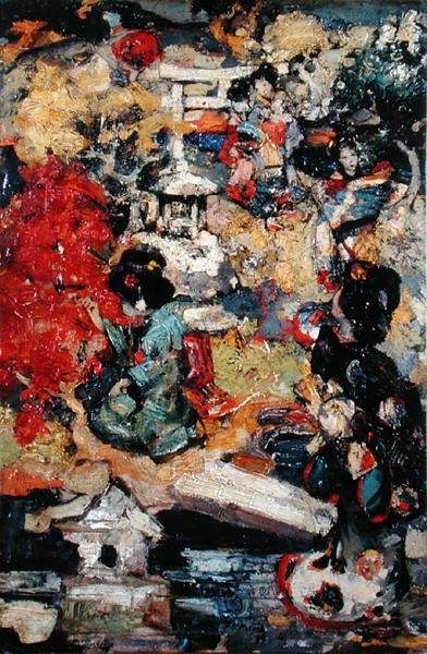 Japonské postavy v zahradě od Edward Atkinson Hornel