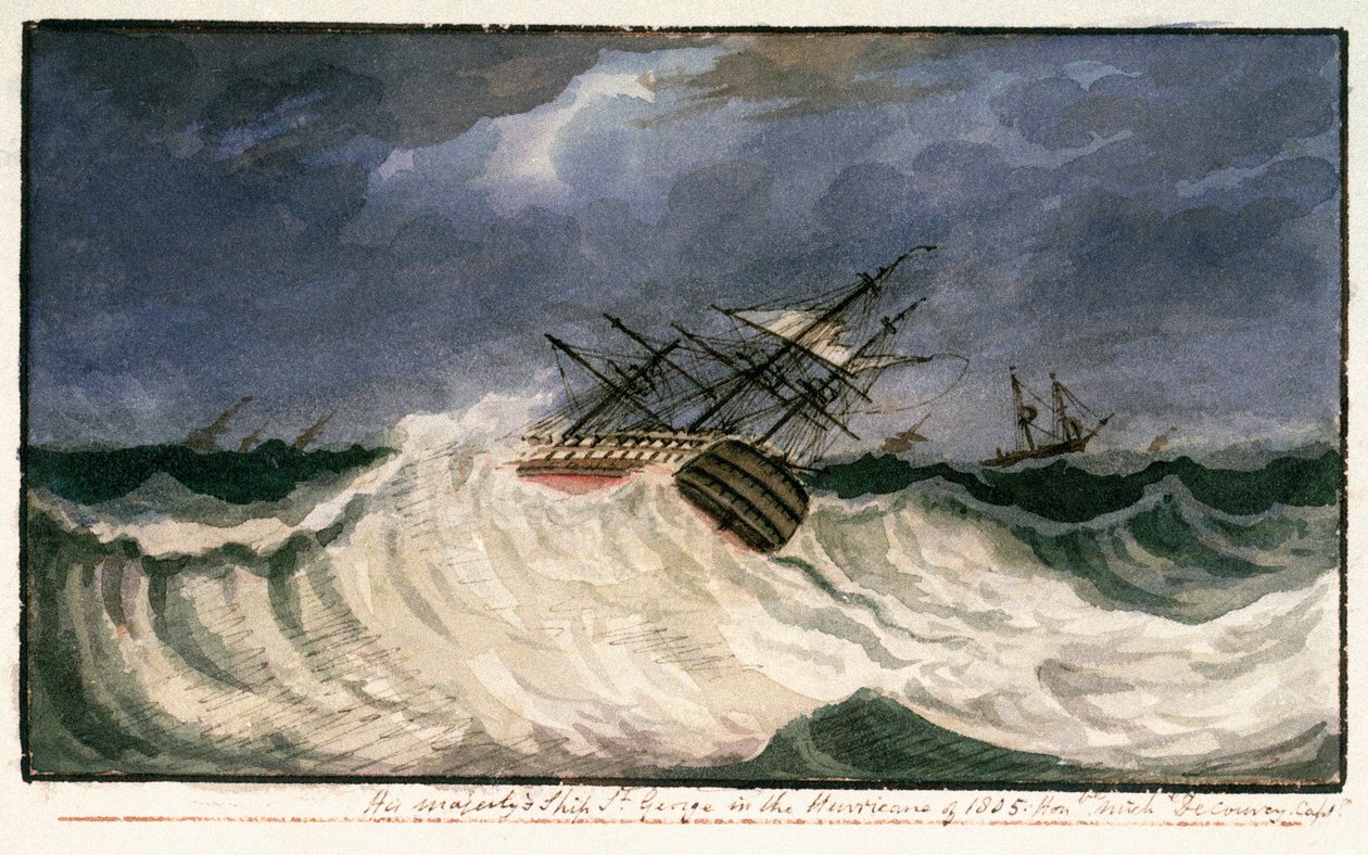 HMS "St George" za hurikánu v roce 1805, asi 1805 (akvarel) od Edward Bamfylde Eagles