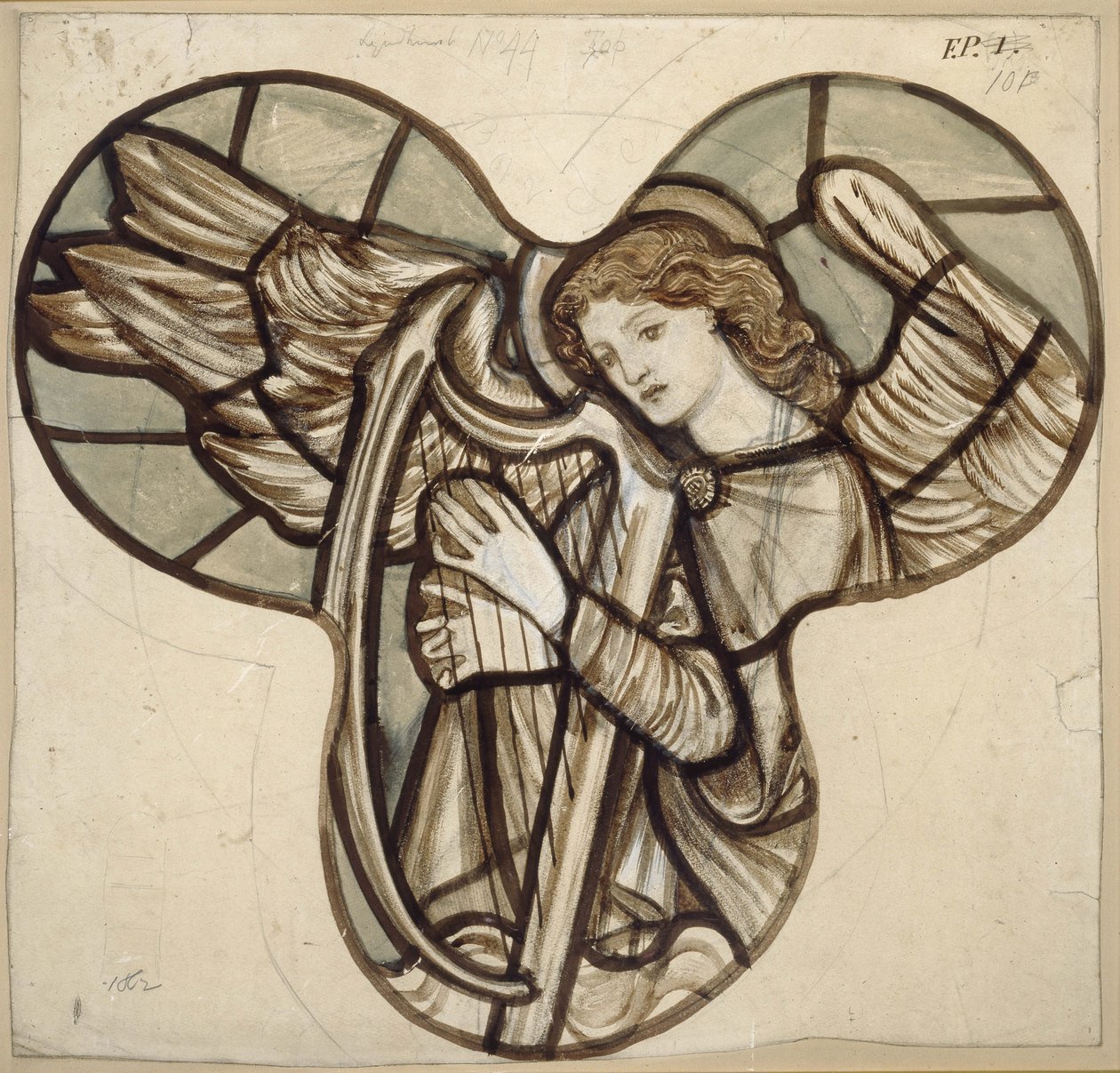 Design pro barevné sklo v Lyndhurst Church: An Angel Harpist, 1862 (hnědá a modrá omývá grafitem) od Edward Burne Jones