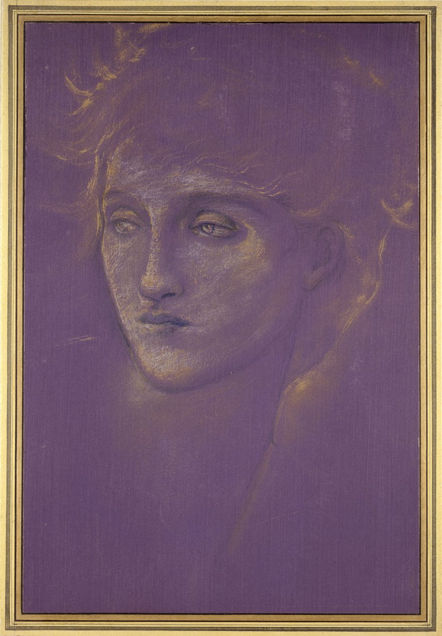 Hlava ženy, 90. léta 19. století (zlatá barva na fialové půdě) od Edward Burne Jones