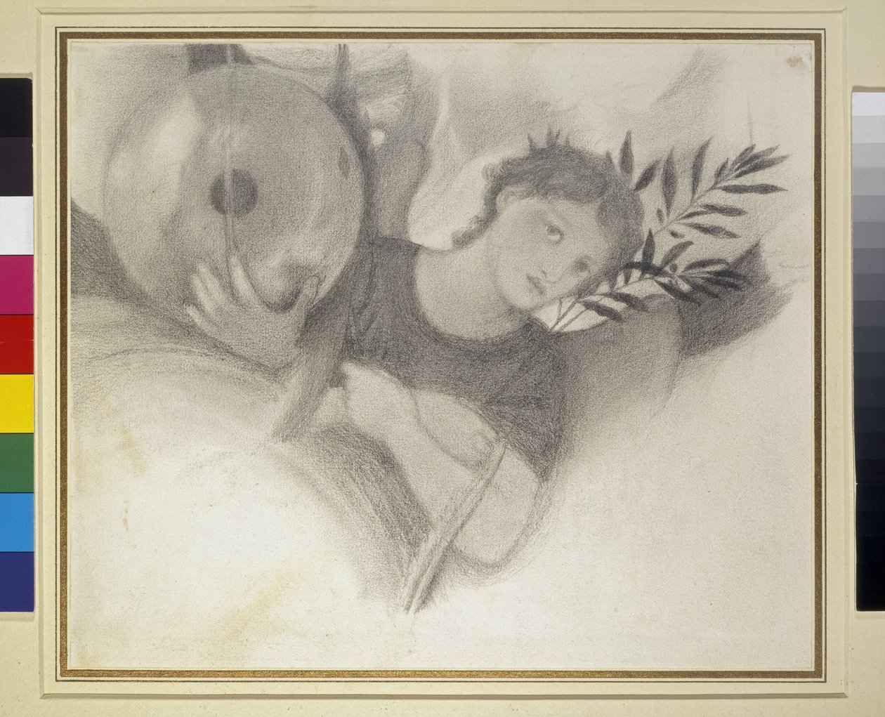 Studium for a Head in The Days of Creation, c. 1871 - 1875 (grafit a černá křída na špinavě bílém papíře) od Edward Burne Jones