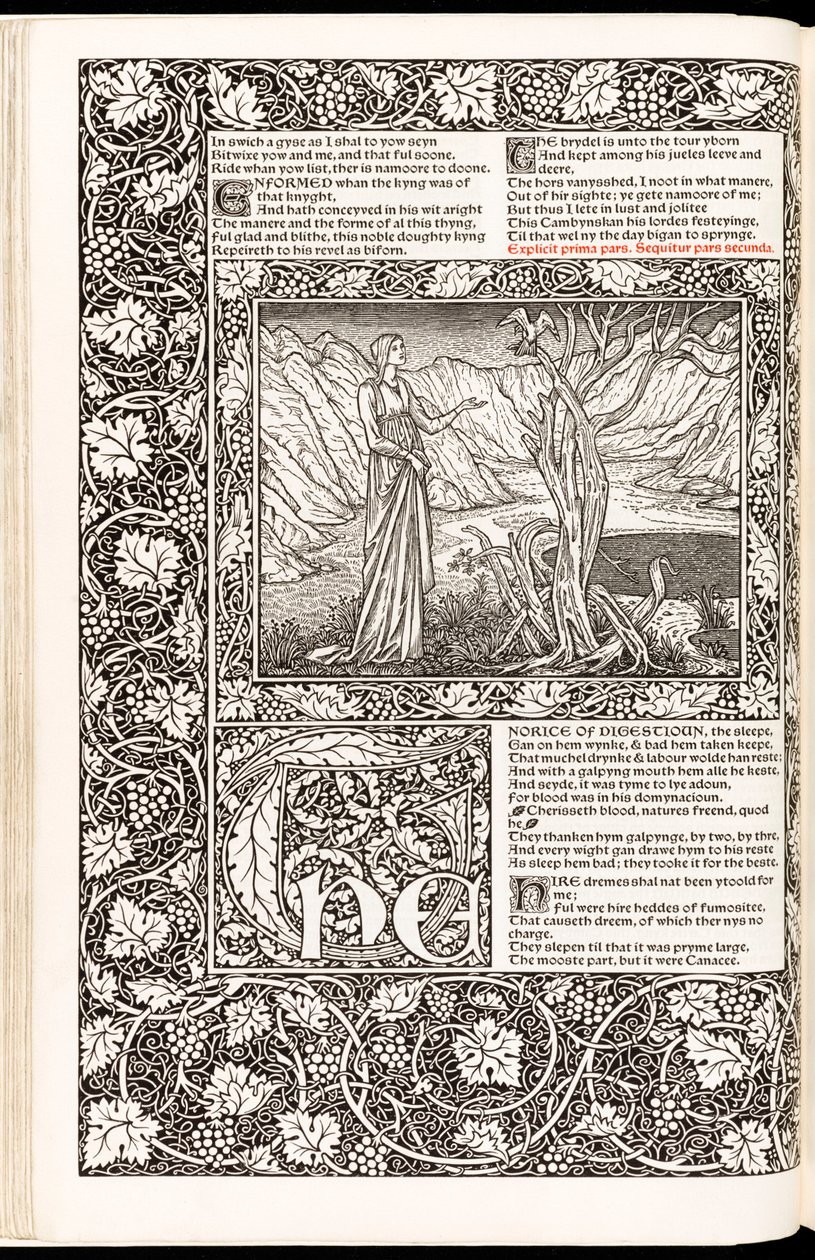 „The Works of Geoffrey Chaucer Now Newly Imprinted“ od Geoffrey Chaucer, vydané nakladatelstvím Kelmscott Press v roce 1896 (dřevořez) od Edward Burne Jones
