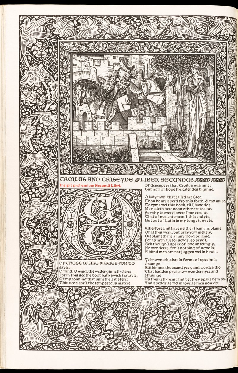 „The Works of Geoffrey Chaucer Now Newly Imprinted“ od Geoffrey Chaucer, vydané nakladatelstvím Kelmscott Press v roce 1896 (dřevořez) od Edward Burne Jones