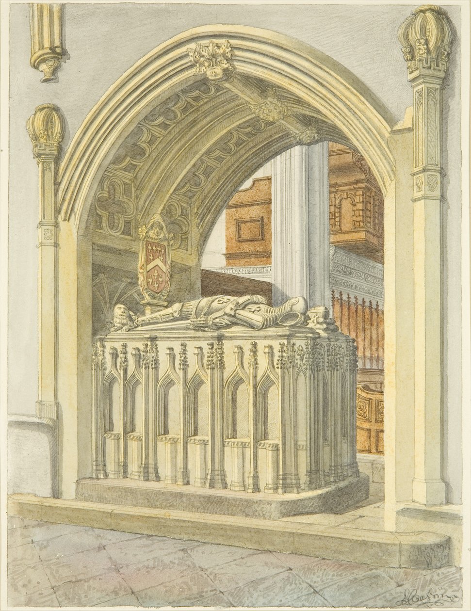 Hrob Roberta Fitzhardinga, zemřel 1170, v Bristolské katedrále (tužka a akvarel na papíře) od Edward Cashin