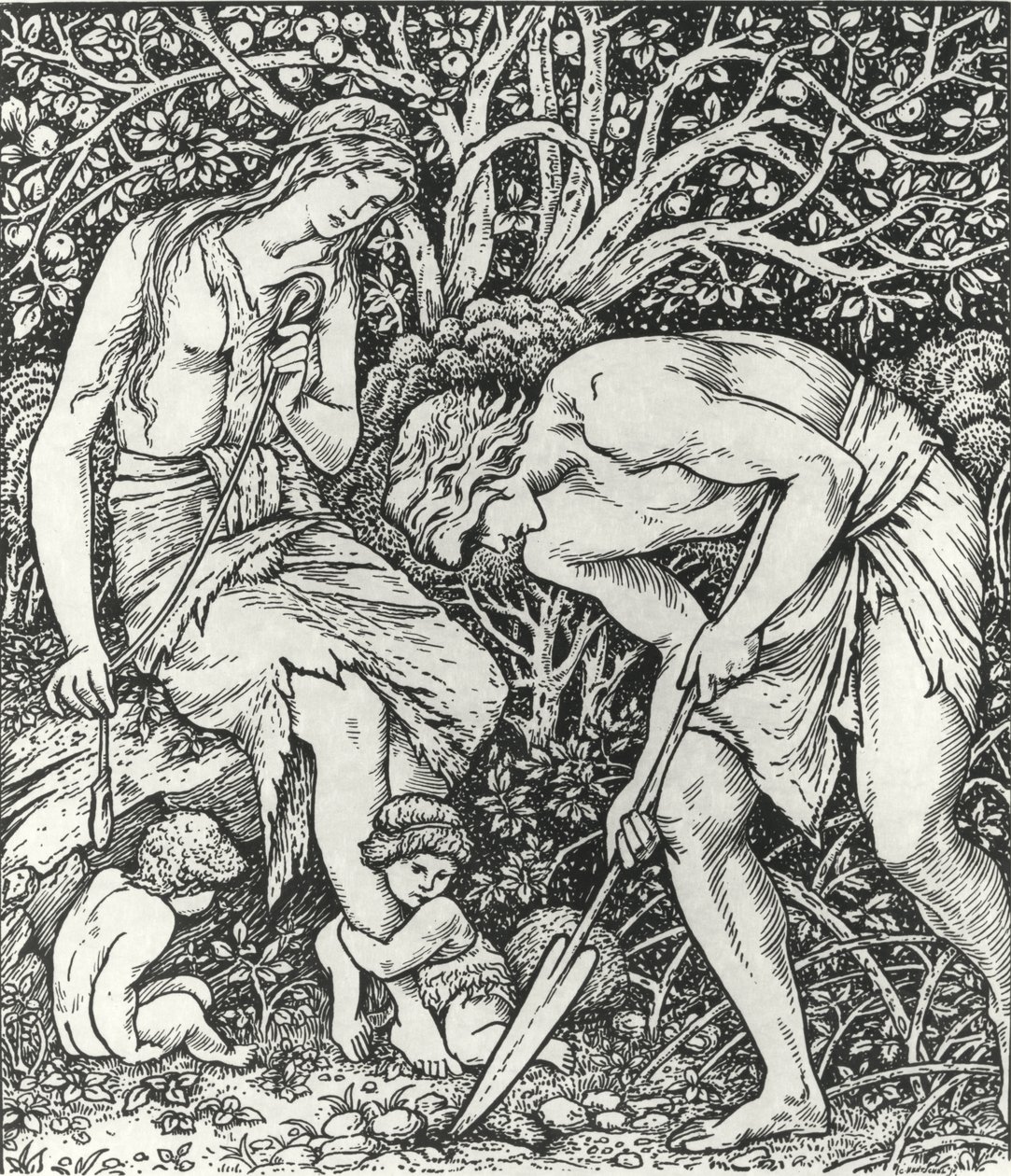 Adam a Eva (Labour: When Adam Delved and Eve Span, Who Was Then the Gentleman?) od Edward Coley (after) Burne Jones