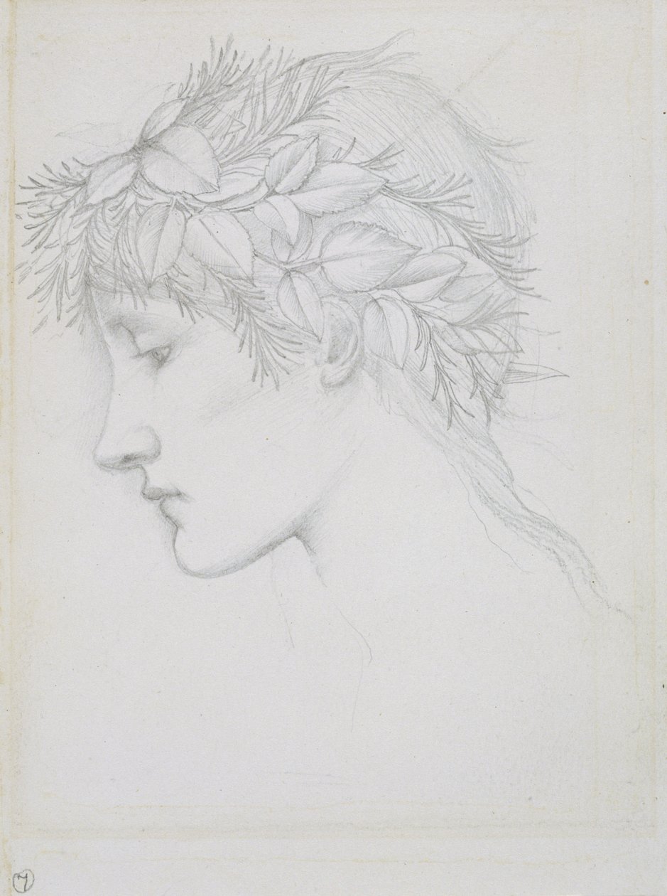 Hlava korunovaná listy, asi 1897 (tužka na papíře) od Edward Coley Burne Jones