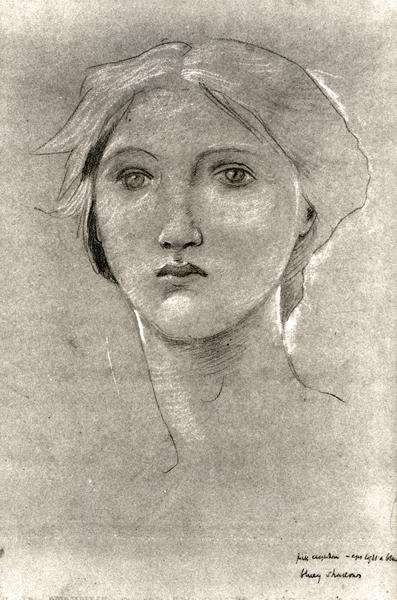 Head of a Girl, cca 1893-96 (pastelka s zvýrazněním na hnědém pergamenu) (čb foto) od Edward Coley Burne Jones