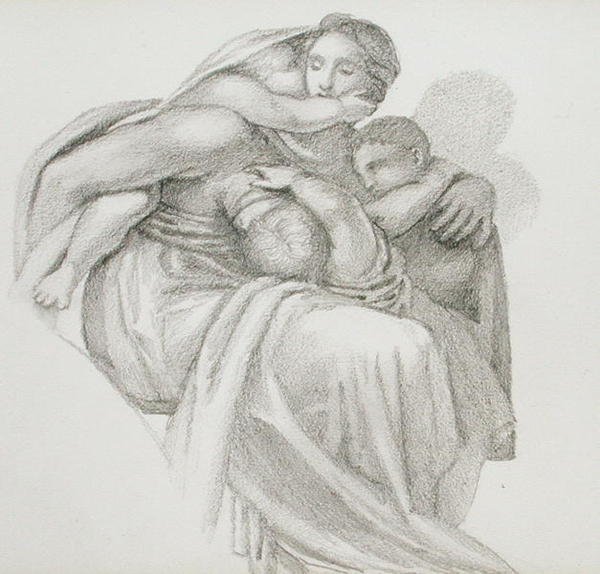 Matka a tři děti (tužka na papíře) od Edward Coley Burne Jones
