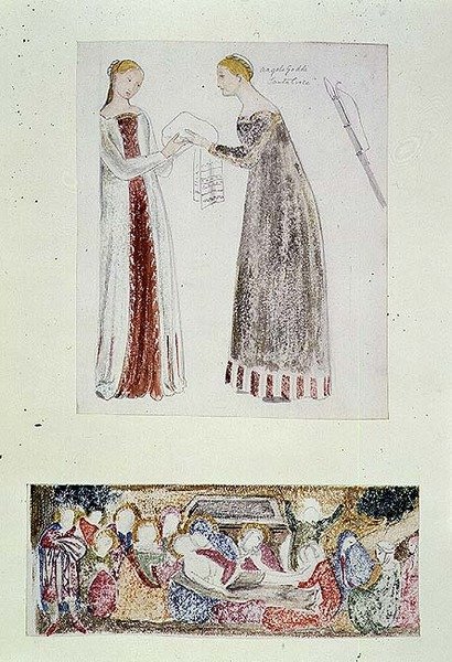 č.1084-f.10 (TtoB) Dvě služebné, kopie z Narození Marie od Giovanniho da Milana z Rinucciniho kaple ve Florencii; The Lamentation (akvarel, tužka) od Edward Coley Burne Jones