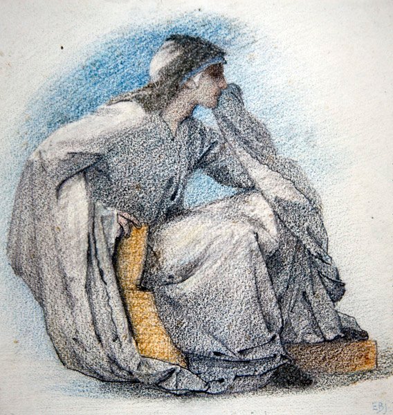 Studie sedící postavy v róbě, kolem roku 1866 (tužka a barevné křídy na papíře) od Edward Coley Burne Jones