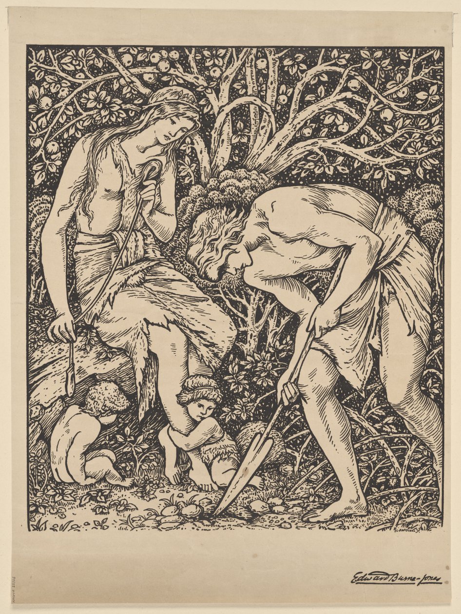 Když se Adam ponořil a Eva se rozpřáhla (dřevoryt na papíře) od Edward Coley Burne-Jones