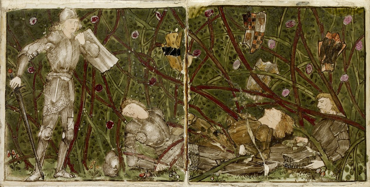 Sada šestnácti dlaždic uspořádaných do párů tak, aby tvořily osm ilustrací příběhu 