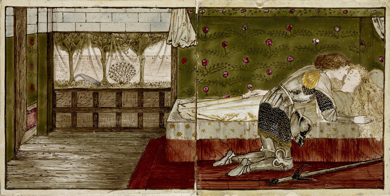 Sada šestnácti dlaždic uspořádaných do párů tak, aby tvořily osm ilustrací příběhu 
